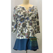 Blue Floral repurposed top into a new tunic size Large. The neckline has snaps to hold in place. The fabric on the bottom is new polyester. - Robin Boutique-Boutique    &.  Reloved Fabrics