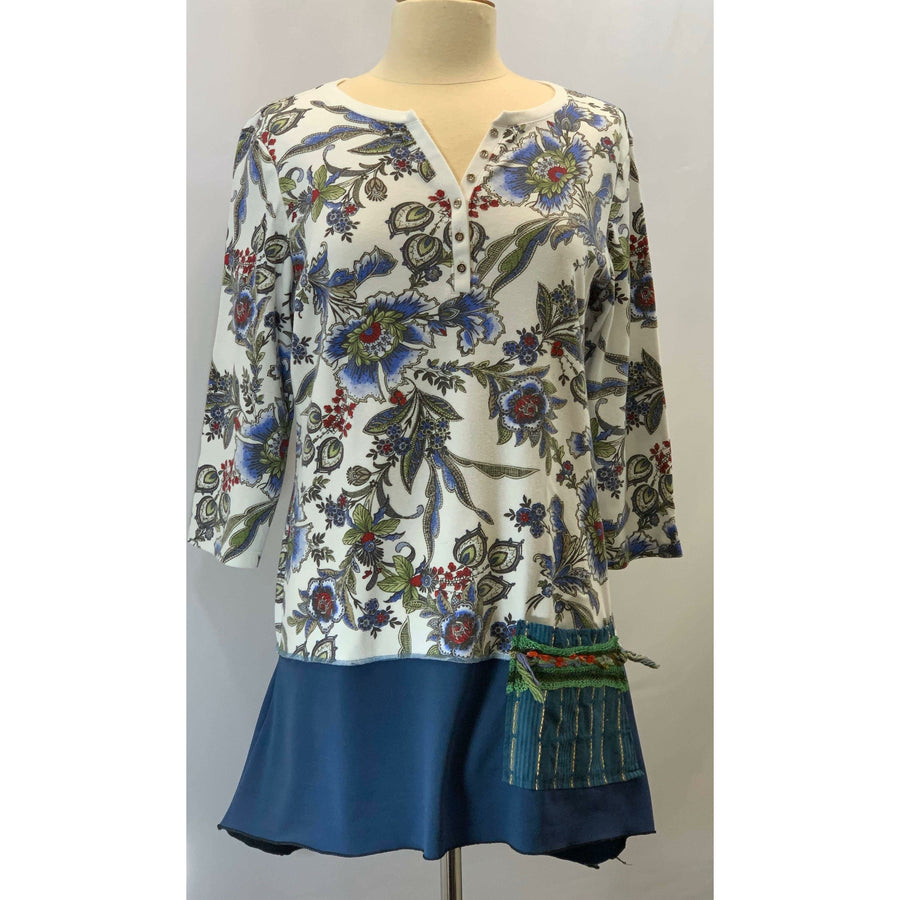 Blue Floral repurposed top into a new tunic size Large. The neckline has snaps to hold in place. The fabric on the bottom is new polyester. - Robin Boutique-Boutique    &.  Reloved Fabrics