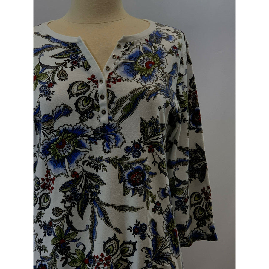 Blue Floral repurposed top into a new tunic size Large. The neckline has snaps to hold in place. The fabric on the bottom is new polyester. - Robin Boutique-Boutique    &.  Reloved Fabrics