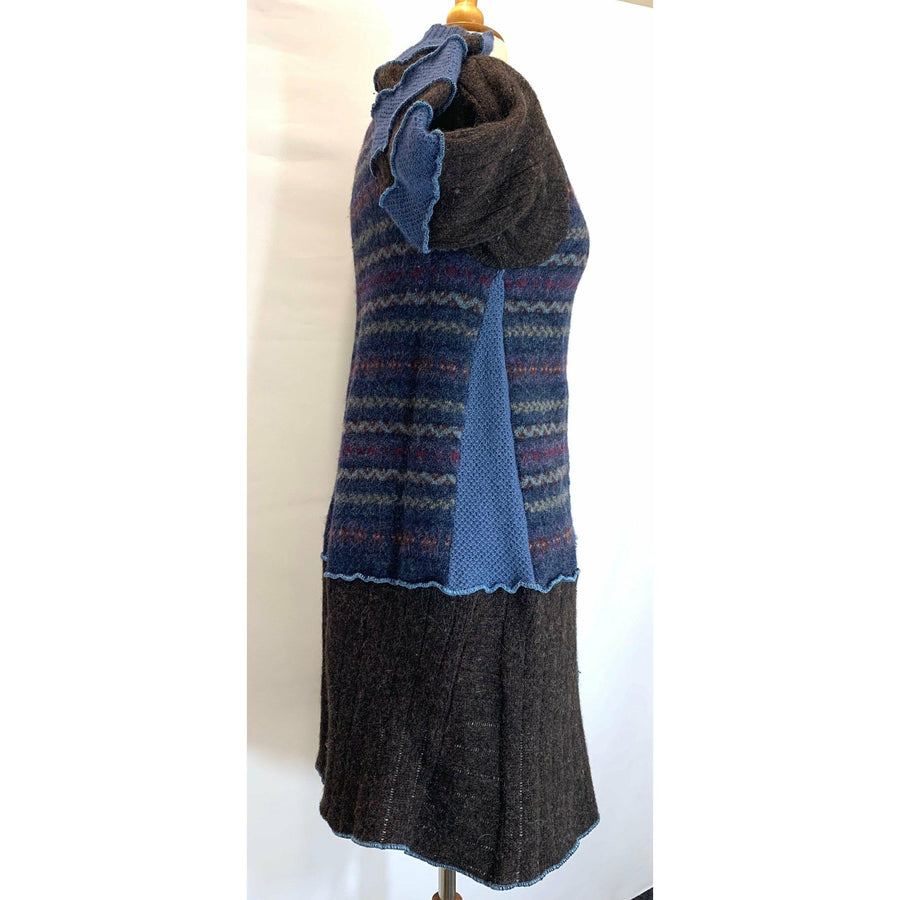 Wool Brown and Blue Button front sweater cardigan jacket in recycled fabrics - Small. Measurements below. Free Shipping. - Robin Boutique-Boutique 