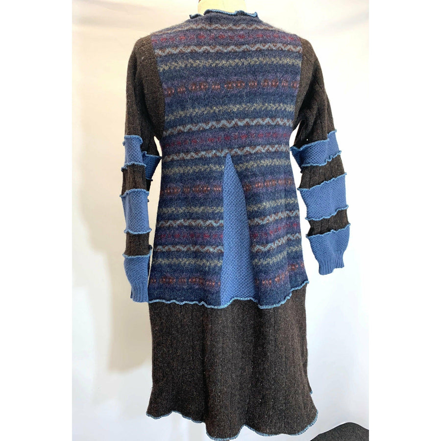 Wool Brown and Blue Button front sweater cardigan jacket in recycled fabrics - Small. Measurements below. Free Shipping. - Robin Boutique-Boutique 