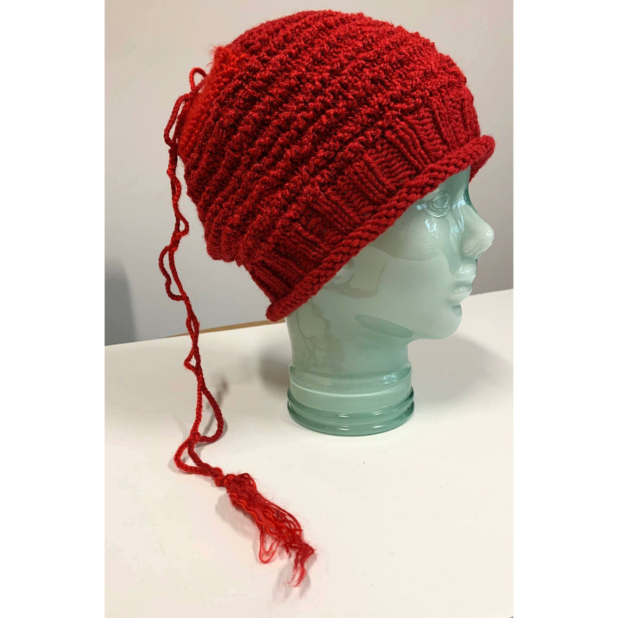 Hand knit red slouchie hat with many textures and fun tail. Vegan = no wool. Freee shipping - Robin Boutique-Boutique    &.  Reloved Fabrics