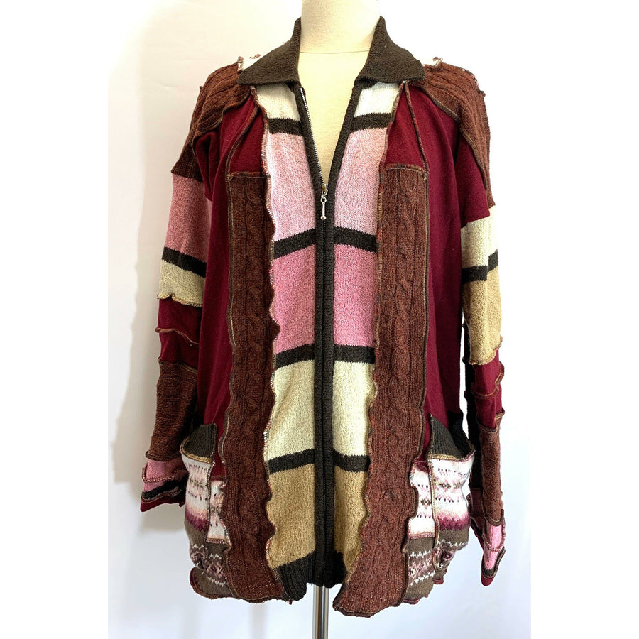 Fun Wool Cashmere Zippered front sweater cardigan jacket in recycled multi color fabrics - Large to XL. Free Shipping. - Robin Boutique-Boutique    &.  Reloved Fabrics