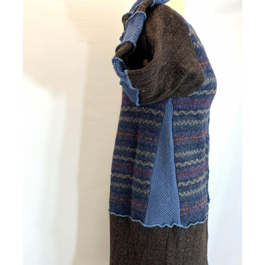 Wool Brown and Blue Button front sweater cardigan jacket in recycled fabrics - Small. Measurements below. Free Shipping. - Robin Boutique-Boutique 