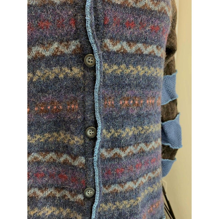 Wool Brown and Blue Button front sweater cardigan jacket in recycled fabrics - Small. Measurements below. Free Shipping. - Robin Boutique-Boutique 