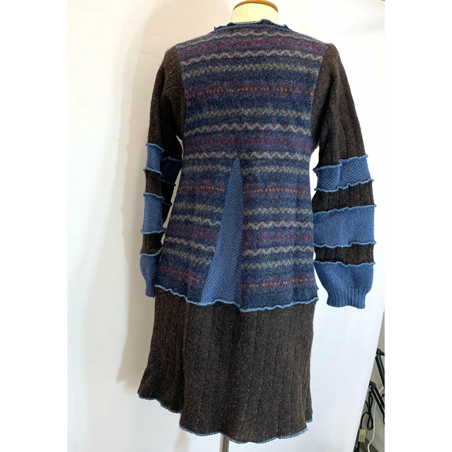 Wool Brown and Blue Button front sweater cardigan jacket in recycled fabrics - Small. Measurements below. Free Shipping. - Robin Boutique-Boutique 