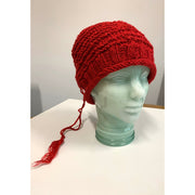 Hand knit red slouchie hat with many textures and fun tail. Vegan = no wool. Freee shipping - Robin Boutique-Boutique    &.  Reloved Fabrics