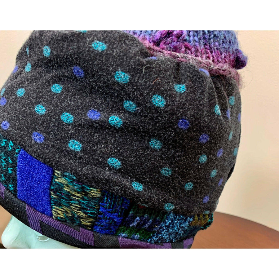 Soft cozy black and blue winter hat from repurposed and hand - knitted yarns with a silk neck tie brim. - Robin Boutique-Boutique 