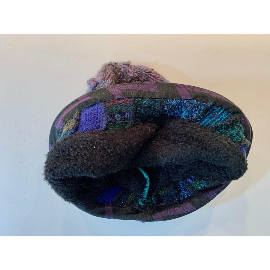 Soft cozy black and blue winter hat from repurposed and hand - knitted yarns with a silk neck tie brim. - Robin Boutique-Boutique 