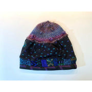 Soft cozy black and blue winter hat from repurposed and hand - knitted yarns with a silk neck tie brim. - Robin Boutique-Boutique 