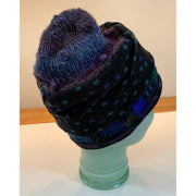 Soft cozy black and blue winter hat from repurposed and hand - knitted yarns with a silk neck tie brim. - Robin Boutique-Boutique 