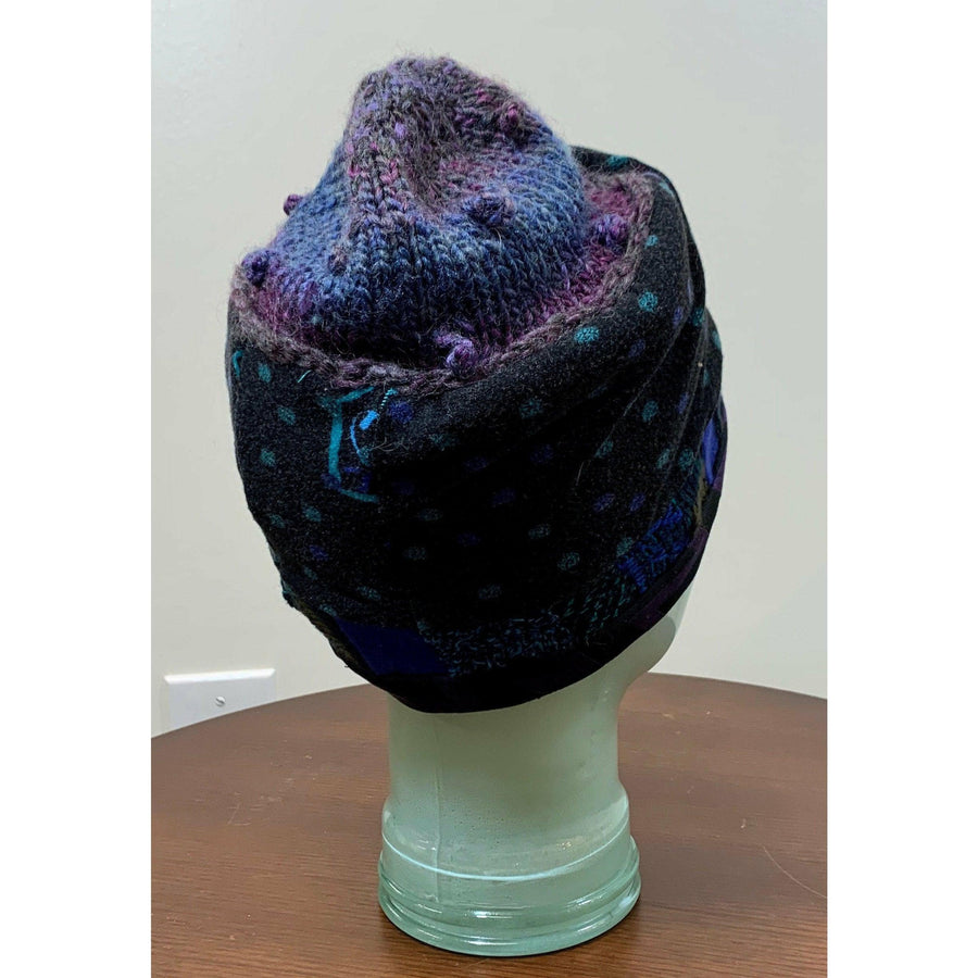 Soft cozy black and blue winter hat from repurposed and hand - knitted yarns with a silk neck tie brim. - Robin Boutique-Boutique 