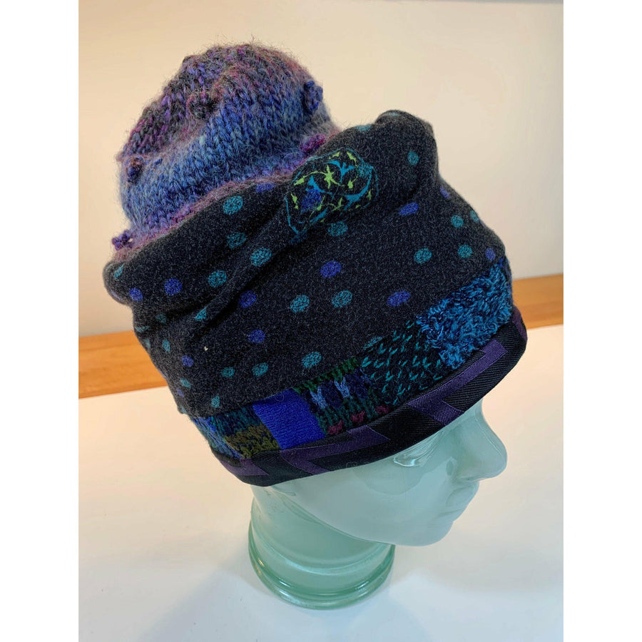 Soft cozy black and blue winter hat from repurposed and hand - knitted yarns with a silk neck tie brim. - Robin Boutique-Boutique 