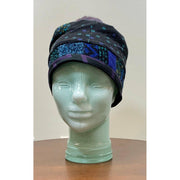 Soft cozy black and blue winter hat from repurposed and hand - knitted yarns with a silk neck tie brim. - Robin Boutique-Boutique 