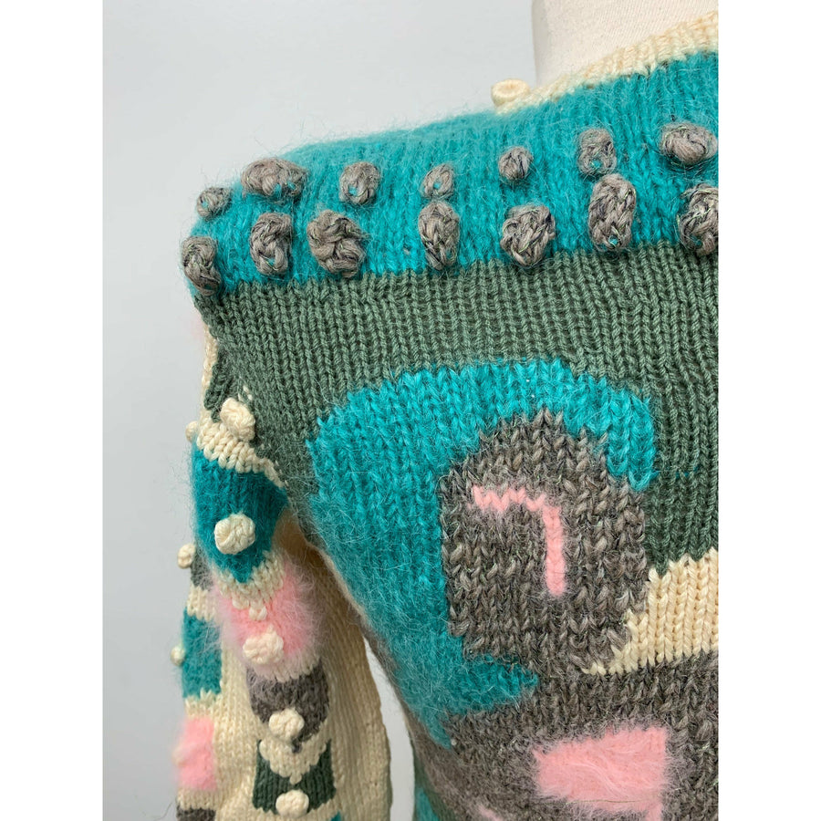 Womens 1980s hand knit pullover sweater. Couture yarns. Intricate knitting on small needles. SMALL - Robin Boutique-Boutique 