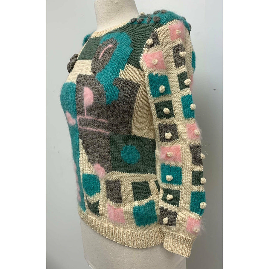 Womens 1980s hand knit pullover sweater. Couture yarns. Intricate knitting on small needles. SMALL - Robin Boutique-Boutique 