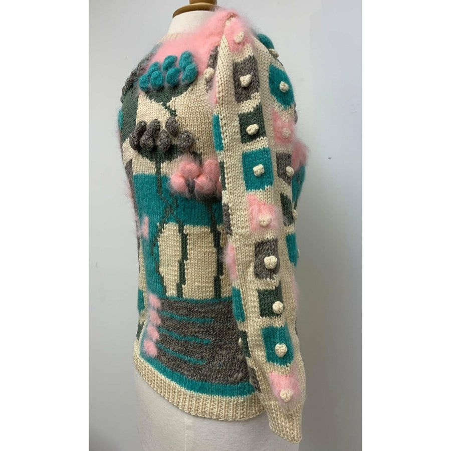 Womens 1980s hand knit pullover sweater. Couture yarns. Intricate knitting on small needles. SMALL - Robin Boutique-Boutique 
