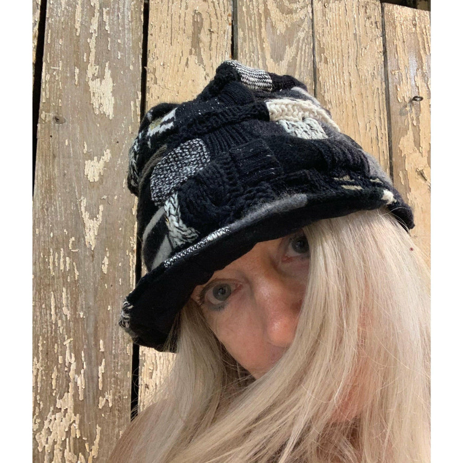 Upcycled patchwork cozy blacks hat. Textures, patterns and shades of black n grays. Black Hat!! Free shipping USA. - Robin Boutique-Boutique 