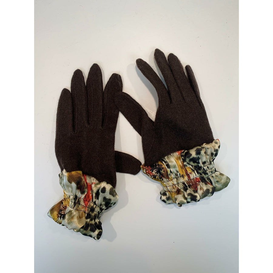 Dark brown full finger wool gloves with shirred satin animal cuffs. Toasty winter gloves stretch fit. Free Shipping - Robin Boutique-Boutique    &.  Reloved Fabrics
