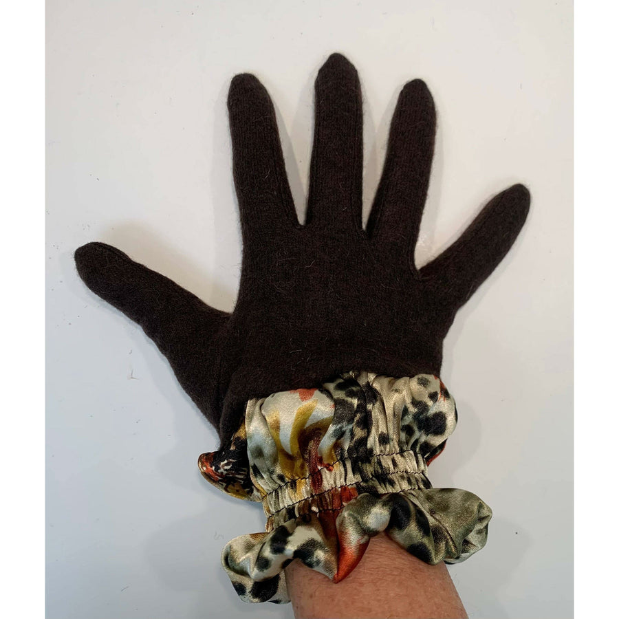 Dark brown full finger wool gloves with shirred satin animal cuffs. Toasty winter gloves stretch fit. Free Shipping - Robin Boutique-Boutique    &.  Reloved Fabrics