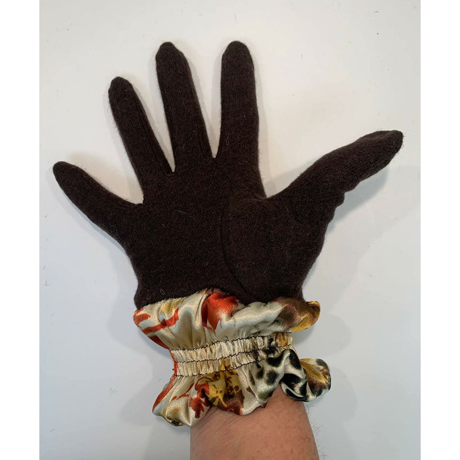 Dark brown full finger wool gloves with shirred satin animal cuffs. Toasty winter gloves stretch fit. Free Shipping - Robin Boutique-Boutique    &.  Reloved Fabrics