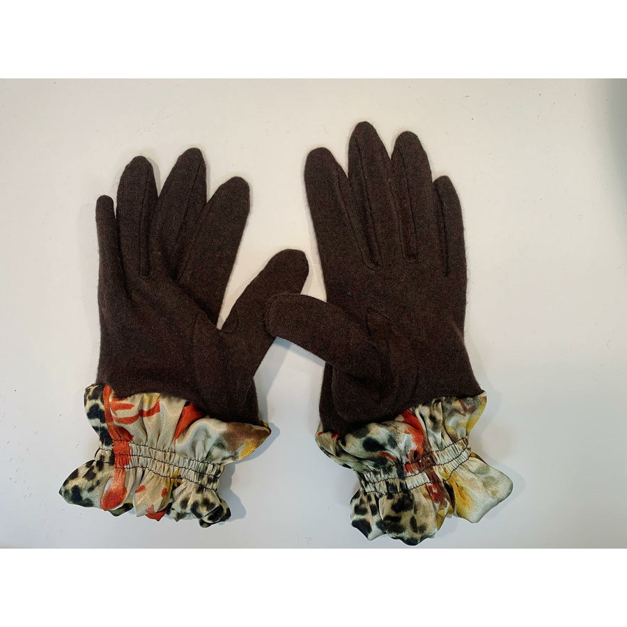 Dark brown full finger wool gloves with shirred satin animal cuffs. Toasty winter gloves stretch fit. Free Shipping - Robin Boutique-Boutique    &.  Reloved Fabrics