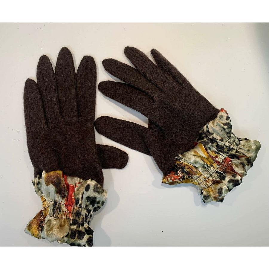 Dark brown full finger wool gloves with shirred satin animal cuffs. Toasty winter gloves stretch fit. Free Shipping - Robin Boutique-Boutique    &.  Reloved Fabrics