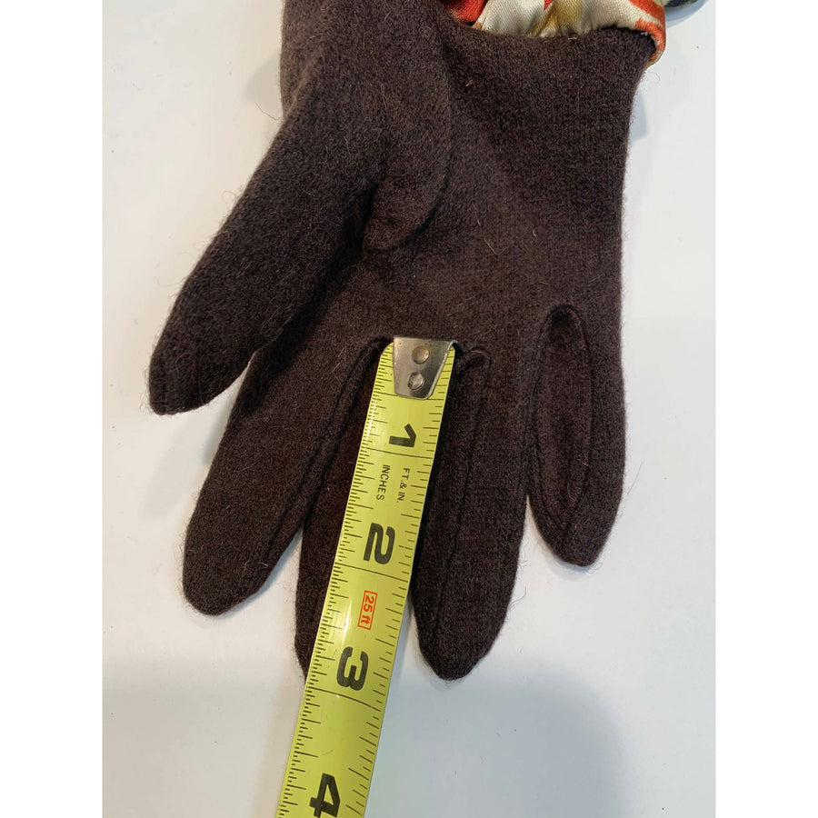 Dark brown full finger wool gloves with shirred satin animal cuffs. Toasty winter gloves stretch fit. Free Shipping - Robin Boutique-Boutique    &.  Reloved Fabrics