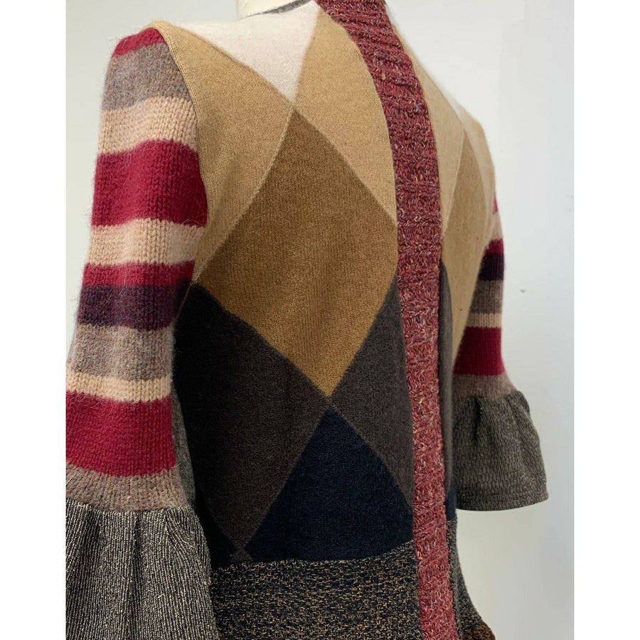 Button front argyle knit cardigan jumper sweater in brown with accents. Wool. Repurposed n new fabrics. Size XSmall, Small to Medium. - Robin Boutique-Boutique    &.  Reloved Fabrics