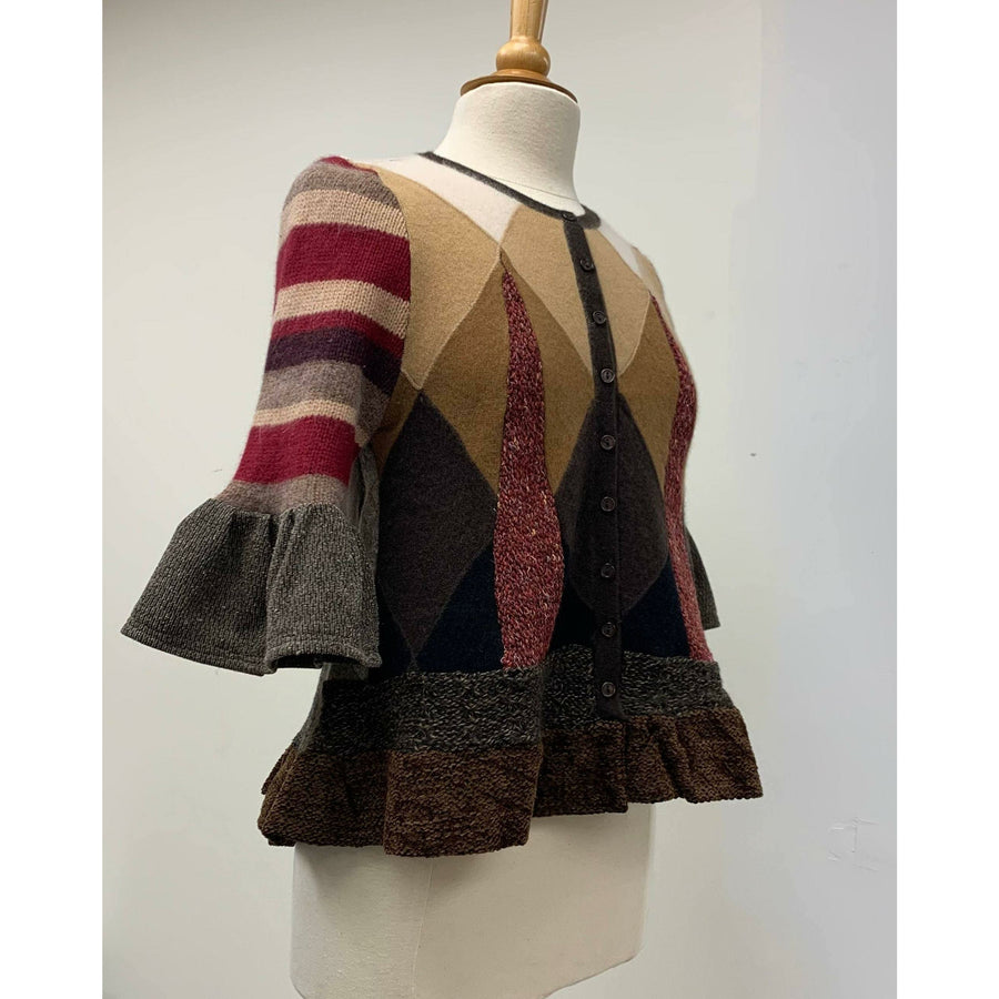 Button front argyle knit cardigan jumper sweater in brown with accents. Wool. Repurposed n new fabrics. Size XSmall, Small to Medium. - Robin Boutique-Boutique    &.  Reloved Fabrics