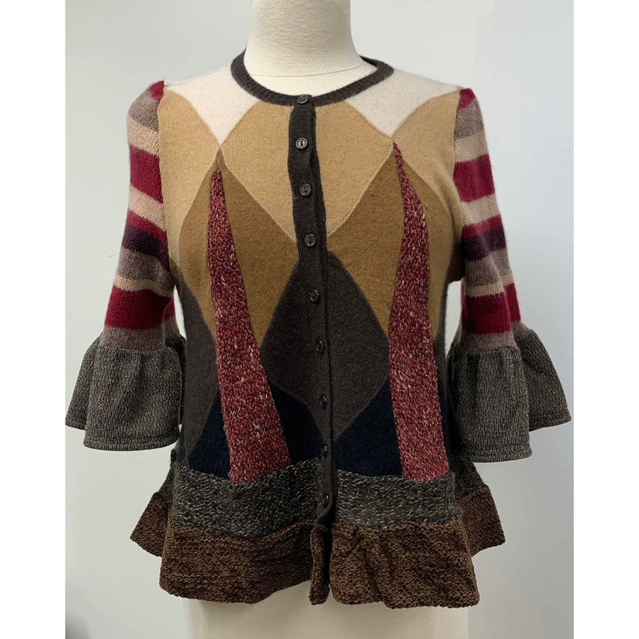 Button front argyle knit cardigan jumper sweater in brown with accents. Wool. Repurposed n new fabrics. Size XSmall, Small to Medium. - Robin Boutique-Boutique    &.  Reloved Fabrics