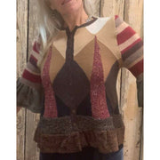 Button front argyle knit cardigan jumper sweater in brown with accents. Wool. Repurposed n new fabrics. Size XSmall, Small to Medium. - Robin Boutique-Boutique    &.  Reloved Fabrics