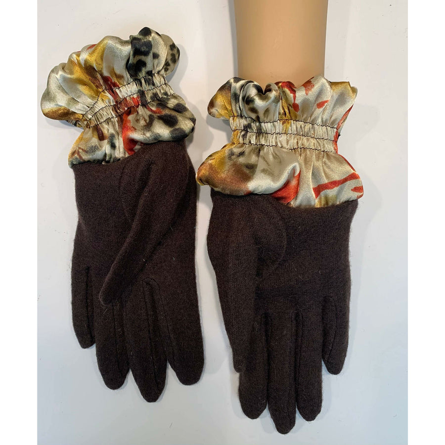 Dark brown full finger wool gloves with shirred satin animal cuffs. Toasty winter gloves stretch fit. Free Shipping - Robin Boutique-Boutique    &.  Reloved Fabrics