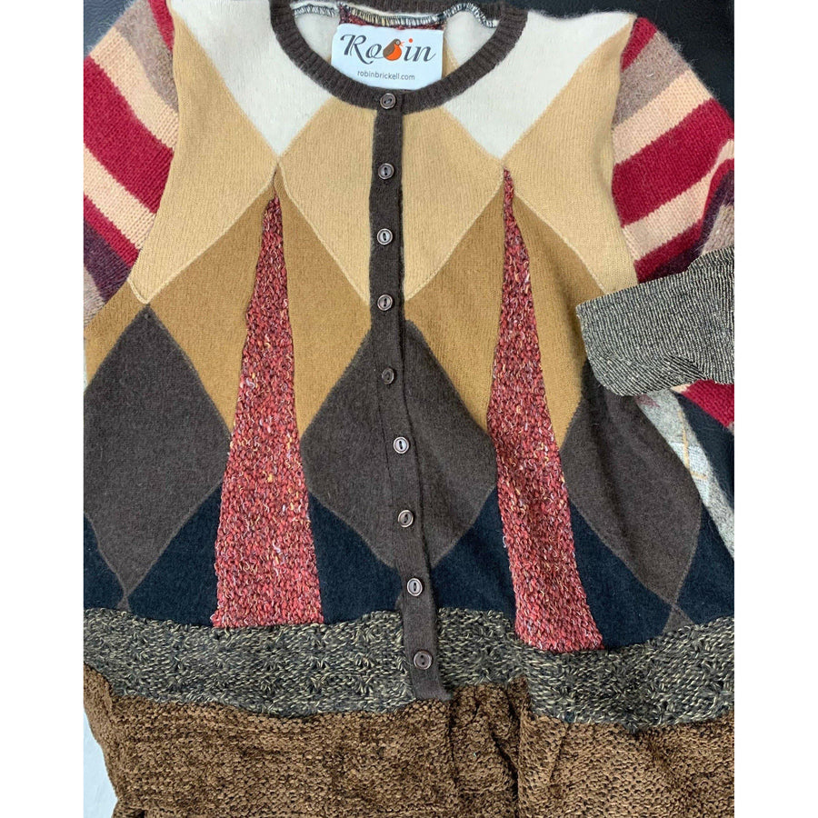 Button front argyle knit cardigan jumper sweater in brown with accents. Wool. Repurposed n new fabrics. Size XSmall, Small to Medium. - Robin Boutique-Boutique    &.  Reloved Fabrics