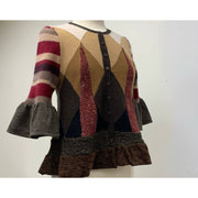 Button front argyle knit cardigan jumper sweater in brown with accents. Wool. Repurposed n new fabrics. Size XSmall, Small to Medium. - Robin Boutique-Boutique    &.  Reloved Fabrics