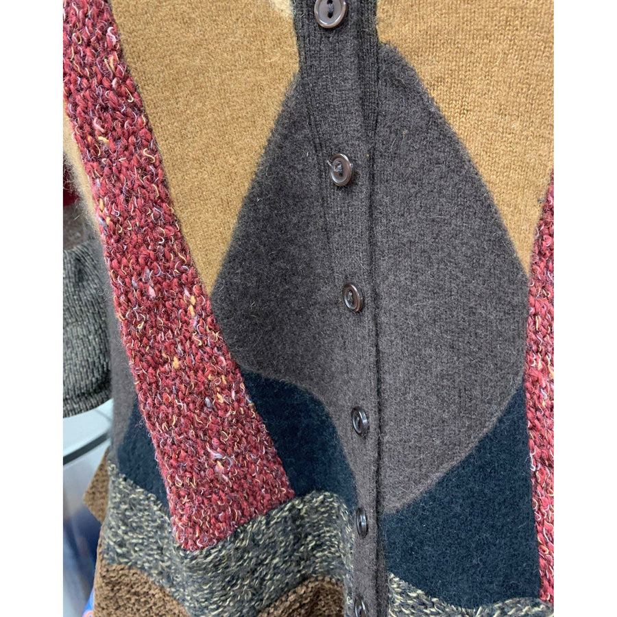 Button front argyle knit cardigan jumper sweater in brown with accents. Wool. Repurposed n new fabrics. Size XSmall, Small to Medium. - Robin Boutique-Boutique    &.  Reloved Fabrics