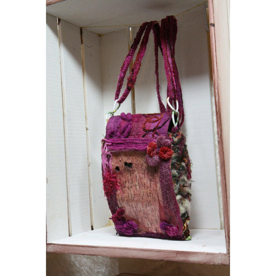 Pink birch bark Handbag purse  or wall hanger with fiber accents. Shoulder or cross body.