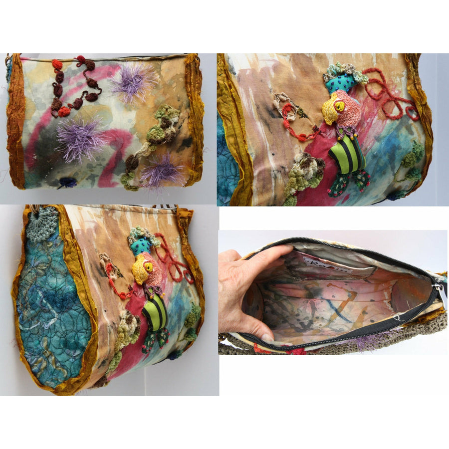 Hand painted sculptural stumpwork embroidery shoulder handbag purse with crochet accents - RelovedFabrics,Handbag - accessories, [product-vendor] - Robin, [shop-name] - robin.boutique