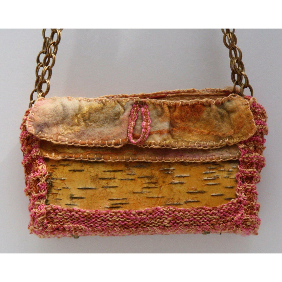 Birch bark with hand knit and cashmere felt accents shoulder clutch hand bag purse. - Robin Boutique-Boutique    &.  Reloved Fabrics