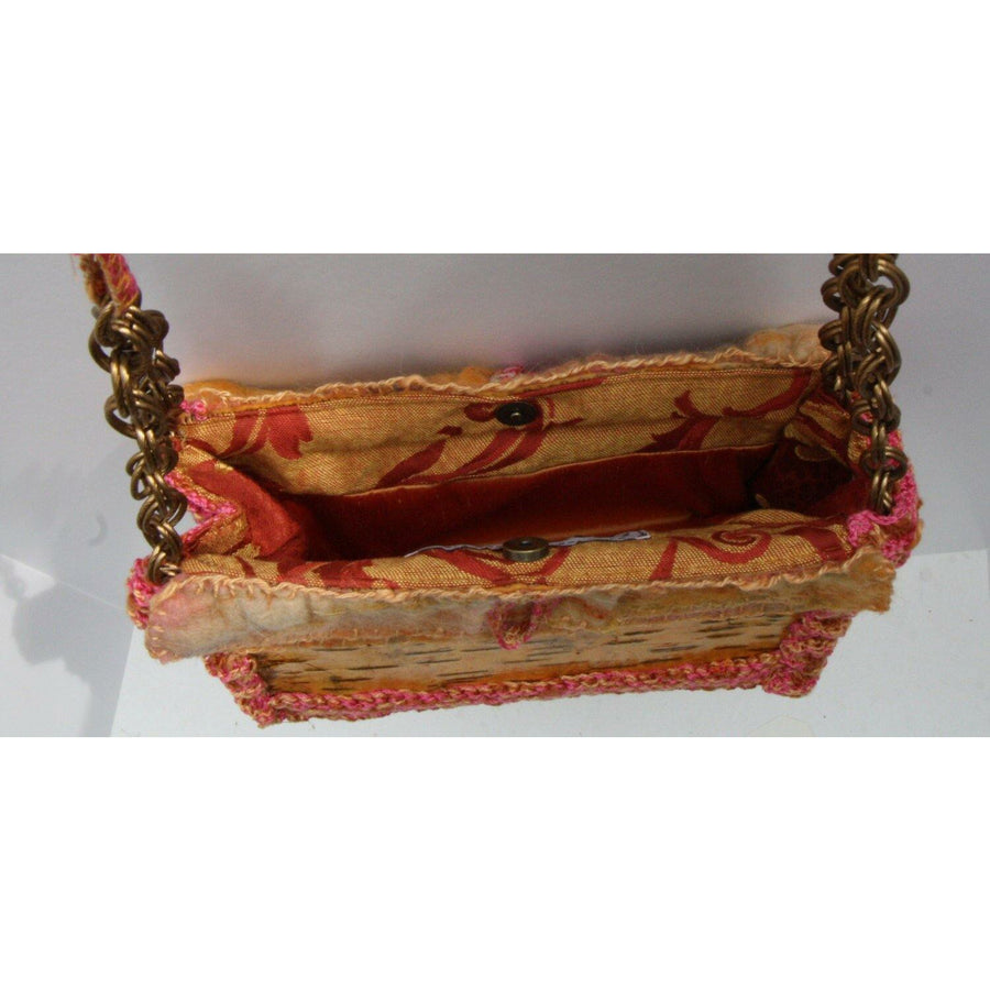 Birch bark with hand knit and cashmere felt accents shoulder clutch hand bag purse. - Robin Boutique-Boutique    &.  Reloved Fabrics