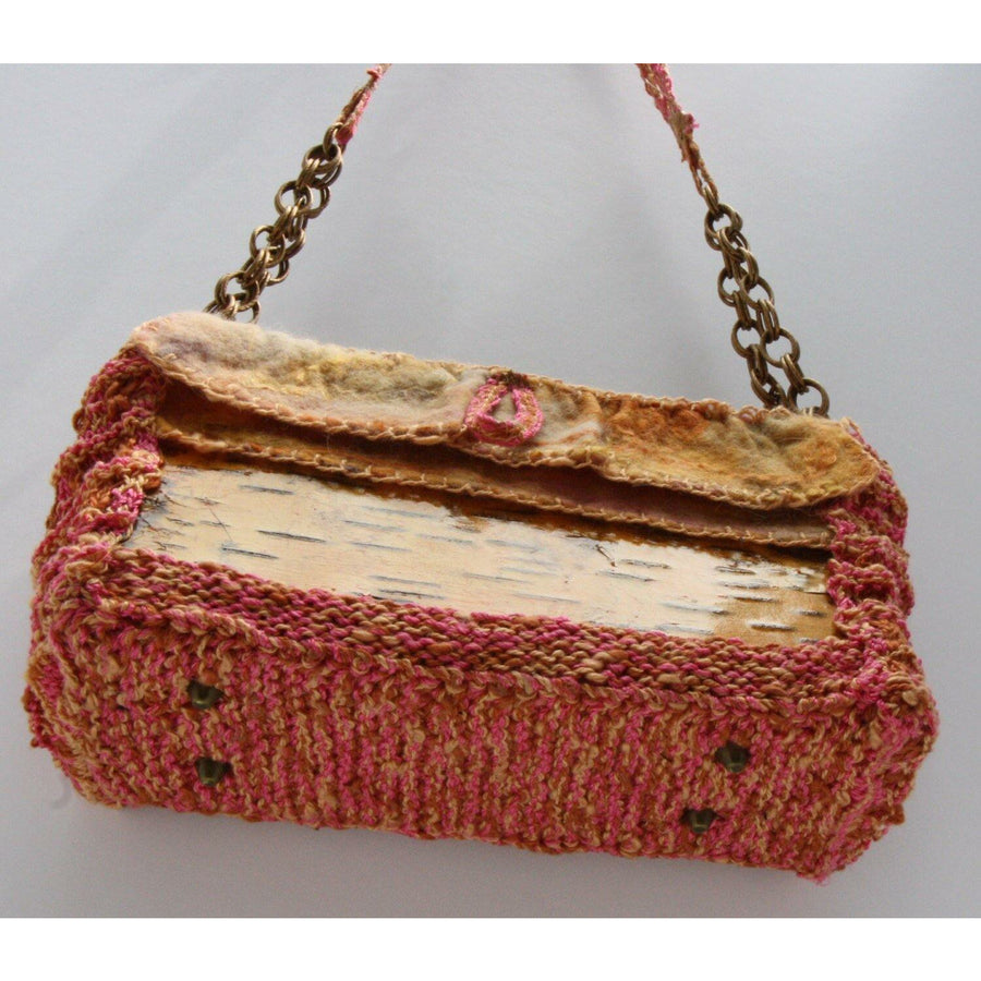 Birch bark with hand knit and cashmere felt accents shoulder clutch hand bag purse. - Robin Boutique-Boutique    &.  Reloved Fabrics