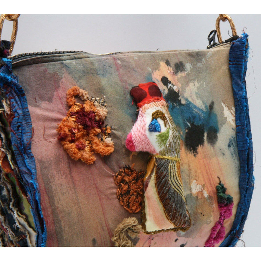 King Tut! Hand paint and stumpwork embroidered shoulder handbag. - Robin Boutique-Boutique    &.  Reloved Fabrics