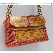 Birch bark with hand knit and cashmere felt accents shoulder clutch hand bag purse. - Robin Boutique-Boutique    &.  Reloved Fabrics