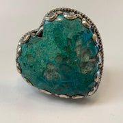 Chrysocola and Silver Adjustable Heart Ornate Ring - Robin Boutique-Boutique 