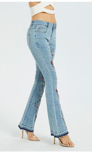 Front Embroidered Bell Bottom Stretch denim jeans - Robin Boutique-Boutique 