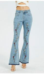 Front Embroidered Bell Bottom Stretch denim jeans - Robin Boutique-Boutique 