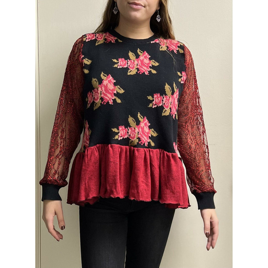 Repurposed Roses Long sleeve Sweater Size Large - Robin Boutique-Boutique    &.  Reloved Fabrics