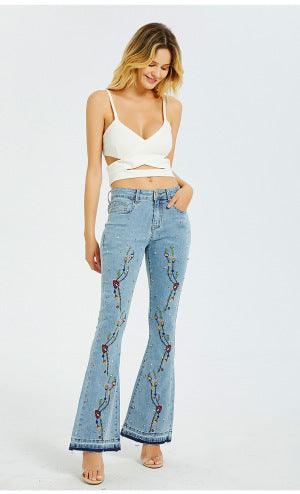 Front Embroidered Bell Bottom Stretch denim jeans - Robin Boutique-Boutique 