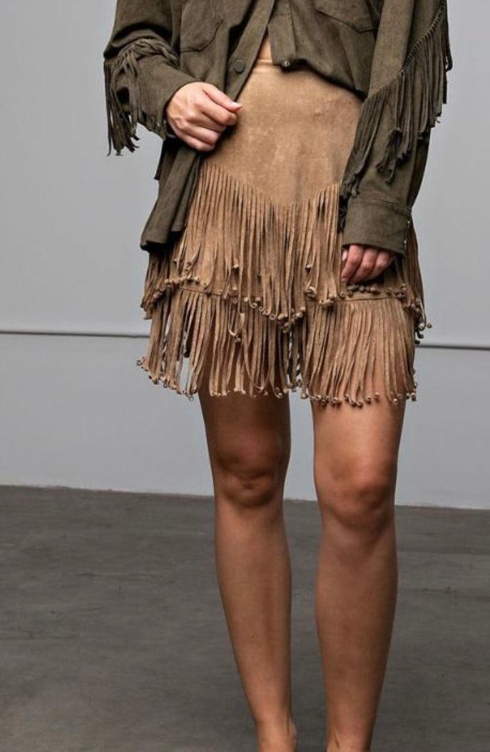 Easel Faux Khaki Suede Fringe Skirt - Robin Boutique-Boutique 