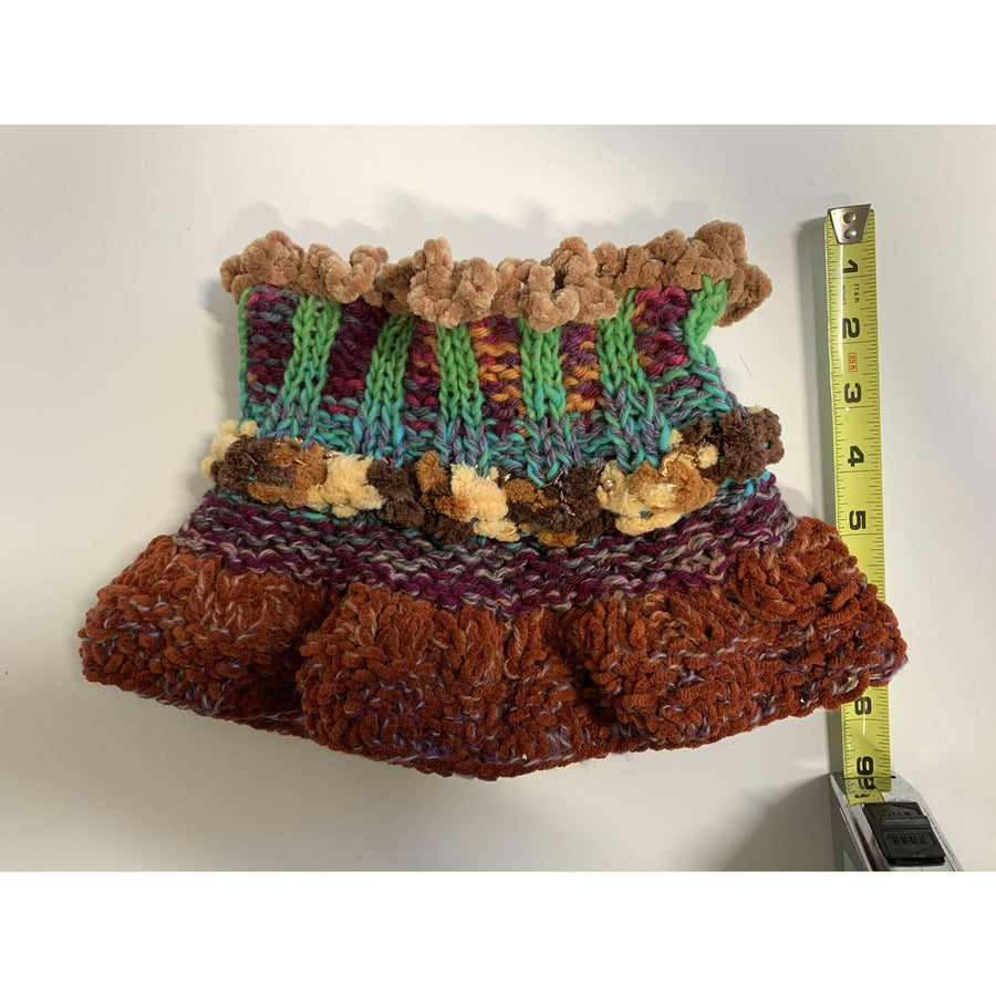 Vertical measurement of hand knit infinity scarf (1.) with turquoise accent